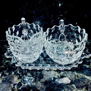 FOSTORIA American Glass Creamer Pitcher, Sugar Bowl, &Tray or Butter Dish